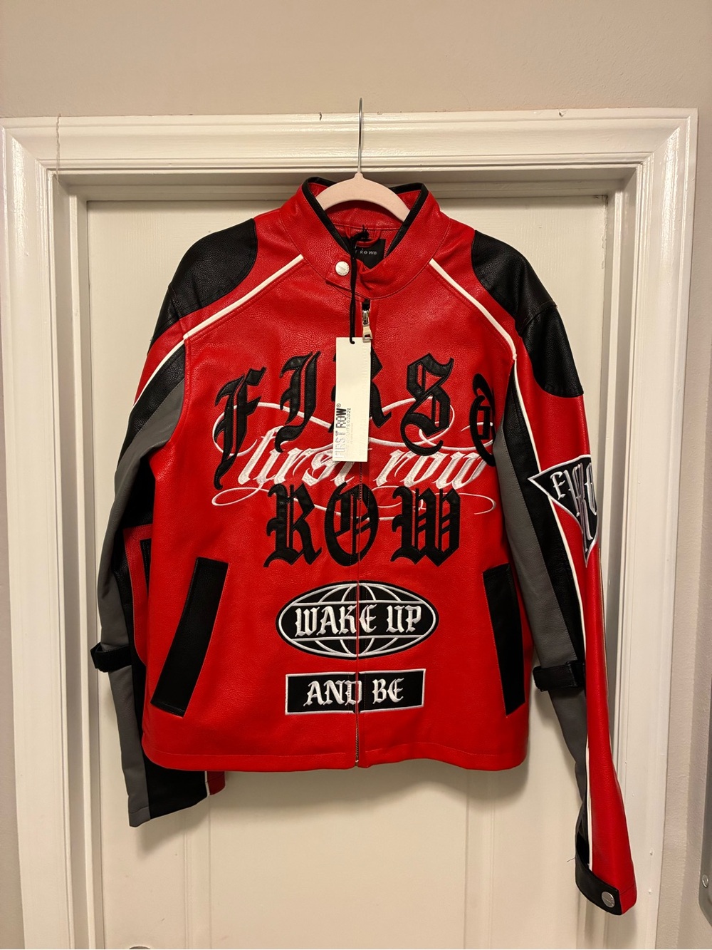 Red and Black Graphic Bomber Jacket with Varsity Lettering
